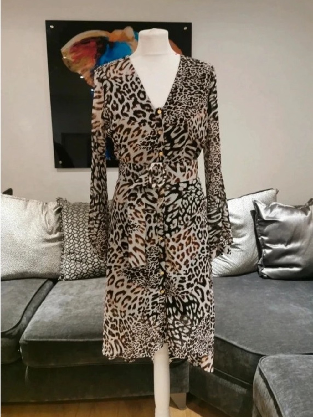 Leopard Print V-Neck Maxi Dress in Beige and Black